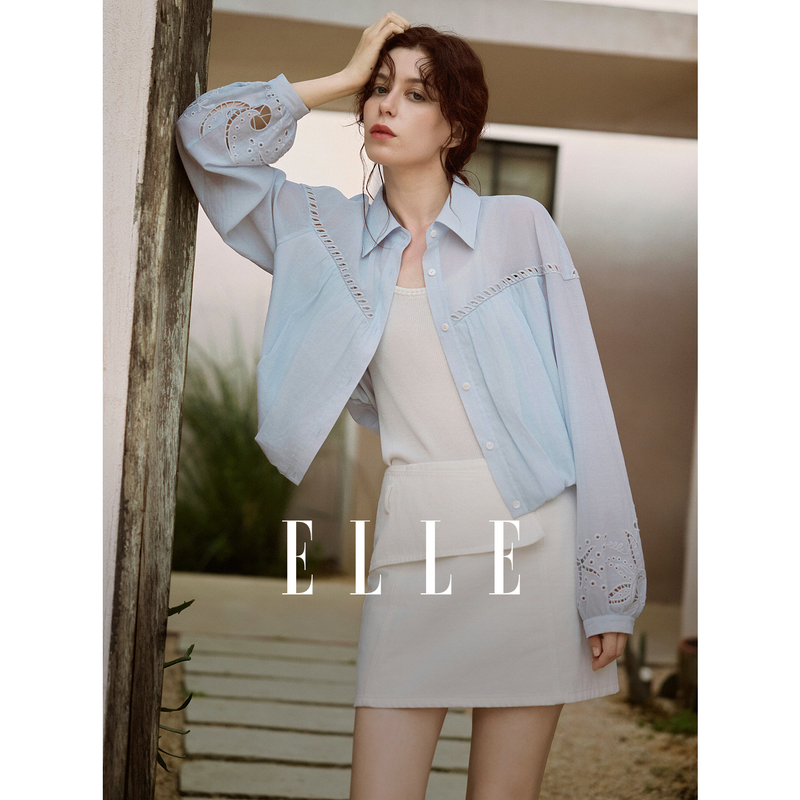13342907.ELLE海洋元素镂空刺绣衬衫都市休闲风设计感衬衣女