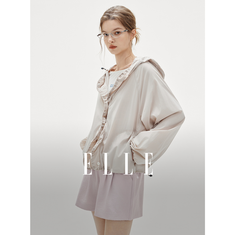 13342445.ELLE抽褶设计连帽女式外套都市运动风轻薄松弛上衣