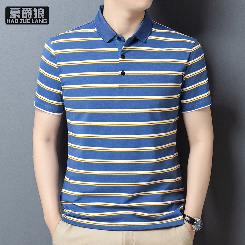 13340712.夏季翻领短袖POLO衫男款纯棉亲肤透气条纹半袖T恤修身休闲风上衣