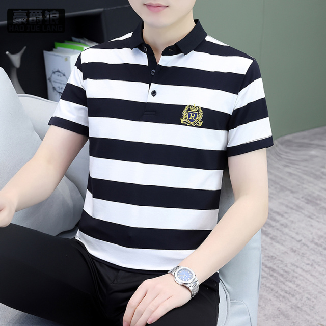 13340694.夏季纯棉男士短袖翻领polo衫休闲条纹半袖潮流百搭男装带领子t恤