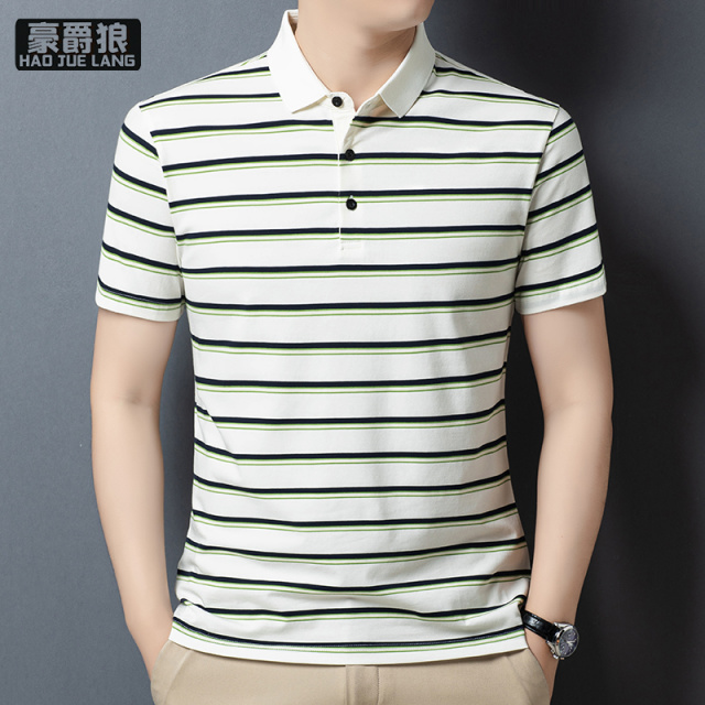 13340712.夏季翻领短袖POLO衫男款纯棉亲肤透气条纹半袖T恤修身休闲风上衣