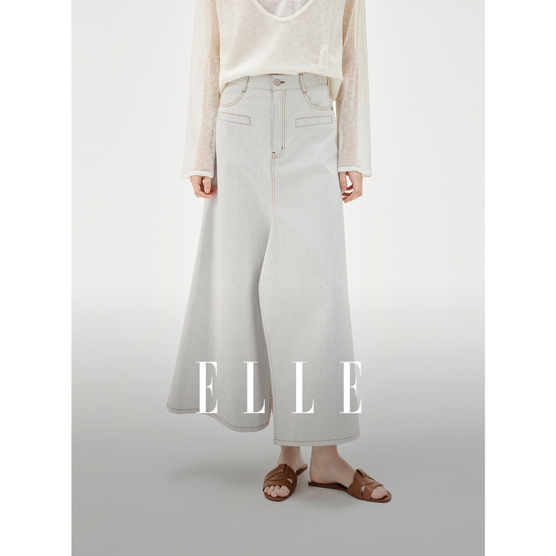 13342400.ELLE精细车线A字牛仔半裙摩登休闲风前中开衩设计