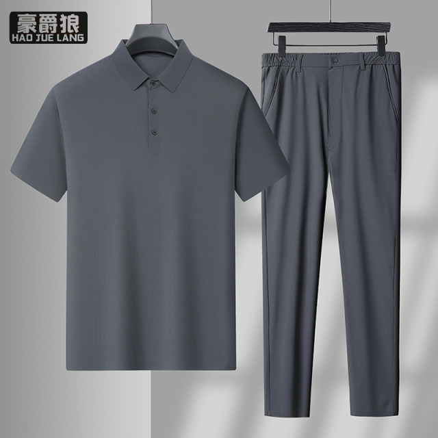 13340698.夏季新款冰丝透气POLO衫无痕套装男士商务休闲时尚翻领两件套