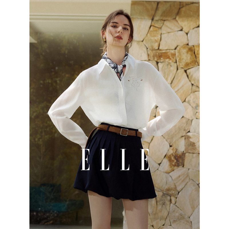 13342910.ELLE高质感衬衣都市通勤风不对称海洋元素女式衬衫