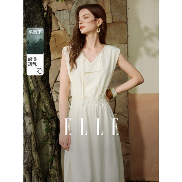 13343381.ELLE100%莱赛尔连衣裙优雅气质不对称叠片长裙