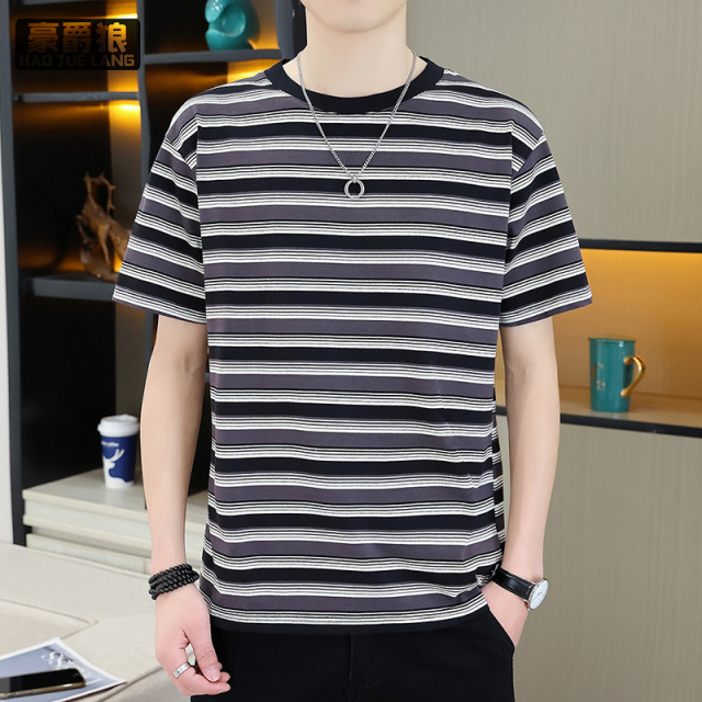 13340688.夏季青少年宽松条纹短袖t恤男港风慵懒休闲百搭潮流上衣薄款体恤