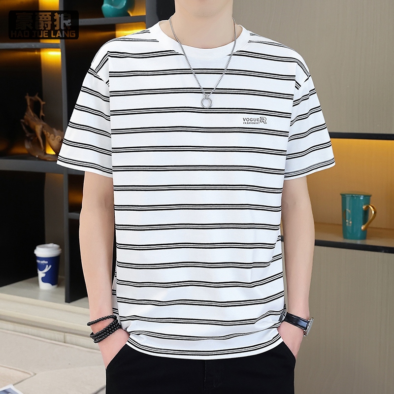 13340684.新款男士条纹短袖圆领t恤大码宽松时尚简约男半袖上衣棉质打底衫