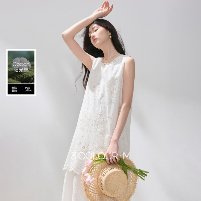 13343802.【100棉】三彩2026夏季新款假两件连衣裙绣花无袖长裙M