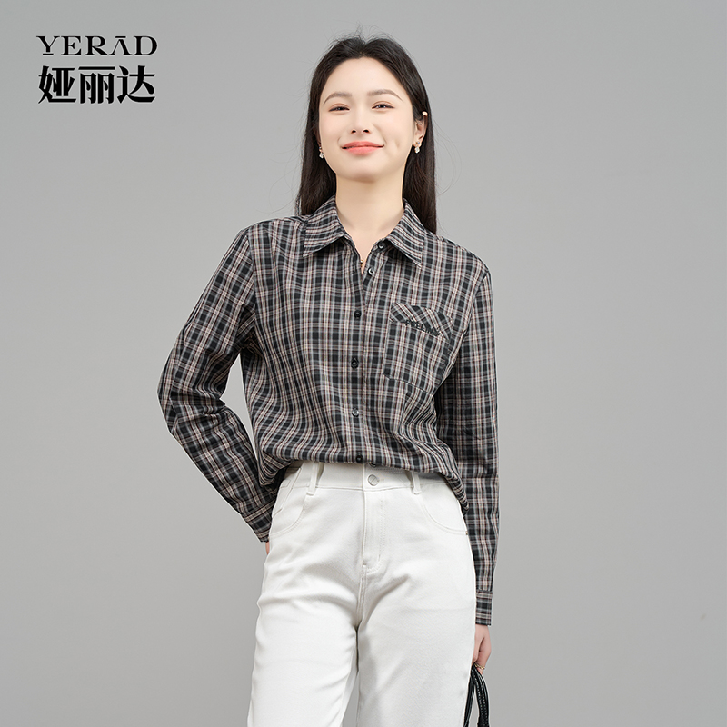 13348422.【娅丽达】复古休闲长袖格子衬衫女上衣宽松洋气质感外套衬衣