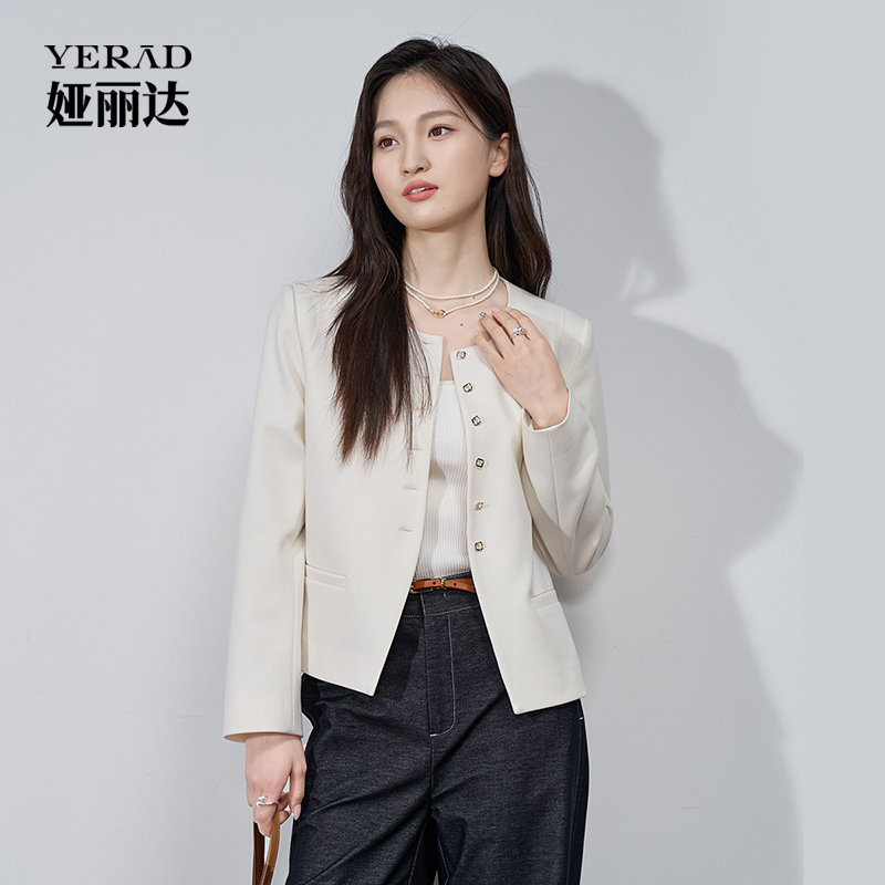 13348402.【娅丽达】通勤简约圆领长袖小香风外套女女装小个子短款上衣