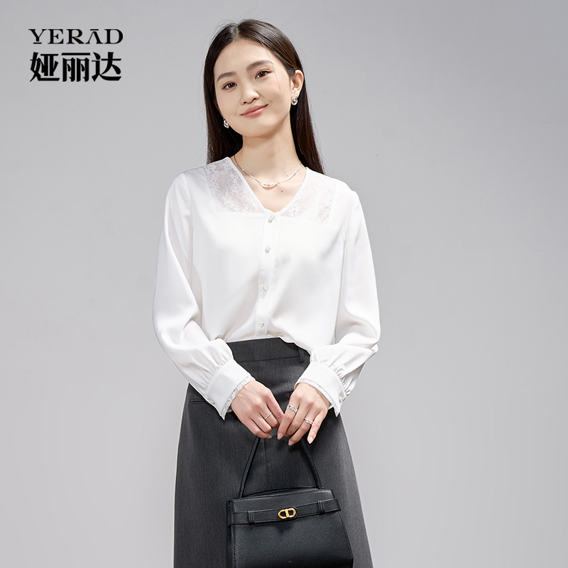 13348424.【娅丽达】法式气质蕾丝拼接v领长袖衬衫女通勤衬衣