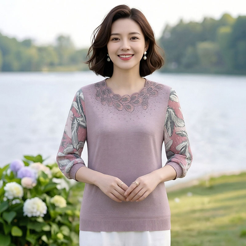 13349160.妈妈装拼接撞色纱袖舒适针织T恤衫Q5DFG5608