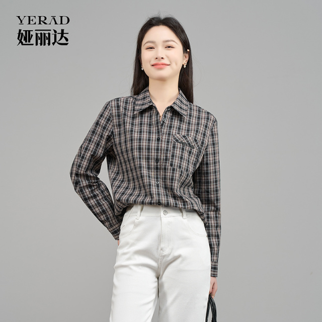 13348422.【娅丽达】复古休闲长袖格子衬衫女上衣宽松洋气质感外套衬衣