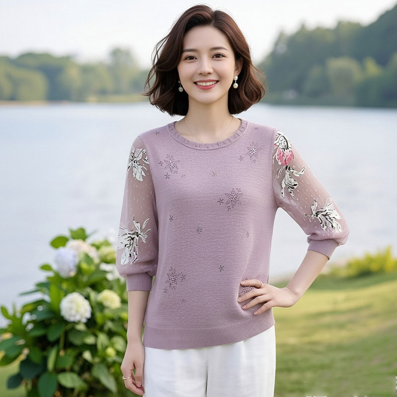 13349106.妈妈装拼接撞色纱袖舒适针织T恤衫Q5DFG5612