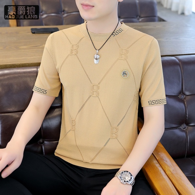 13352967.高端男士针织冰丝印花圆领短袖T恤薄款夏季新款潮流修身半袖上衣