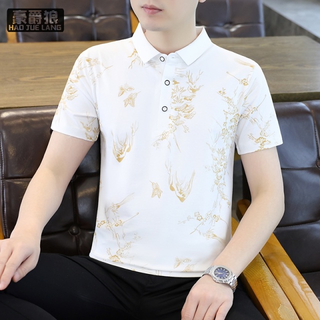 13352917.翻领短袖t恤男士潮流印花衬衫领polo衫夏季舒适新款百搭半袖带领