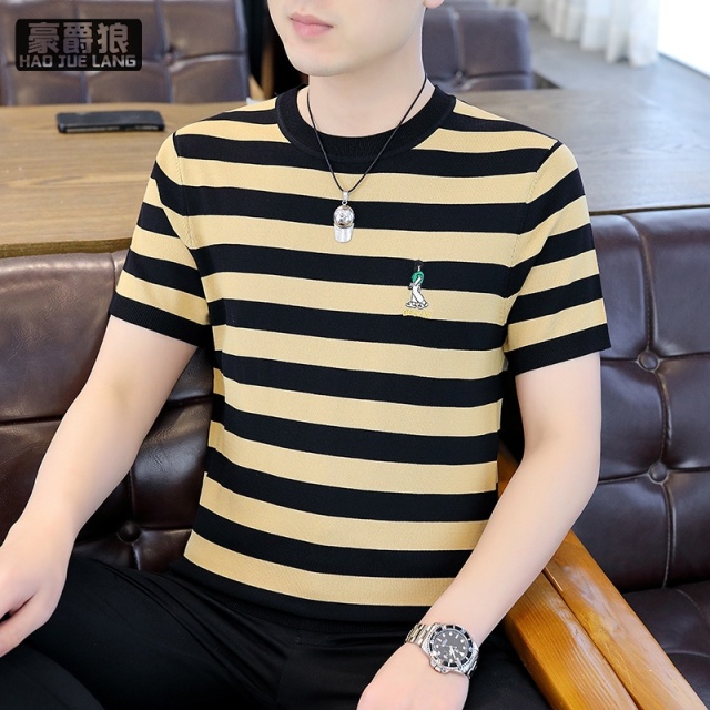 13352944.针织短袖t恤男士夏季休闲条纹圆领半袖体恤上衣服男装潮T时尚百搭