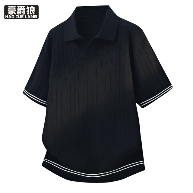 13352933.极简风夏季竖坑条肌理针织POLO衫短袖撞色双条纹设计海鸥领T恤装