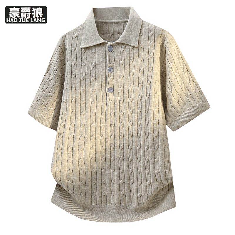 13352988.轻熟风男麻花纹polo领针织短袖简约舒适透气亲肤通勤夏季正肩T恤