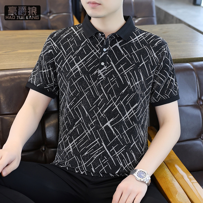13352964.轻奢老钱风Polo衫男夏新款黑底金纹商务短袖高端翻领修身t恤