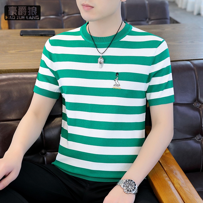 13352944.针织短袖t恤男士夏季休闲条纹圆领半袖体恤上衣服男装潮T时尚百搭