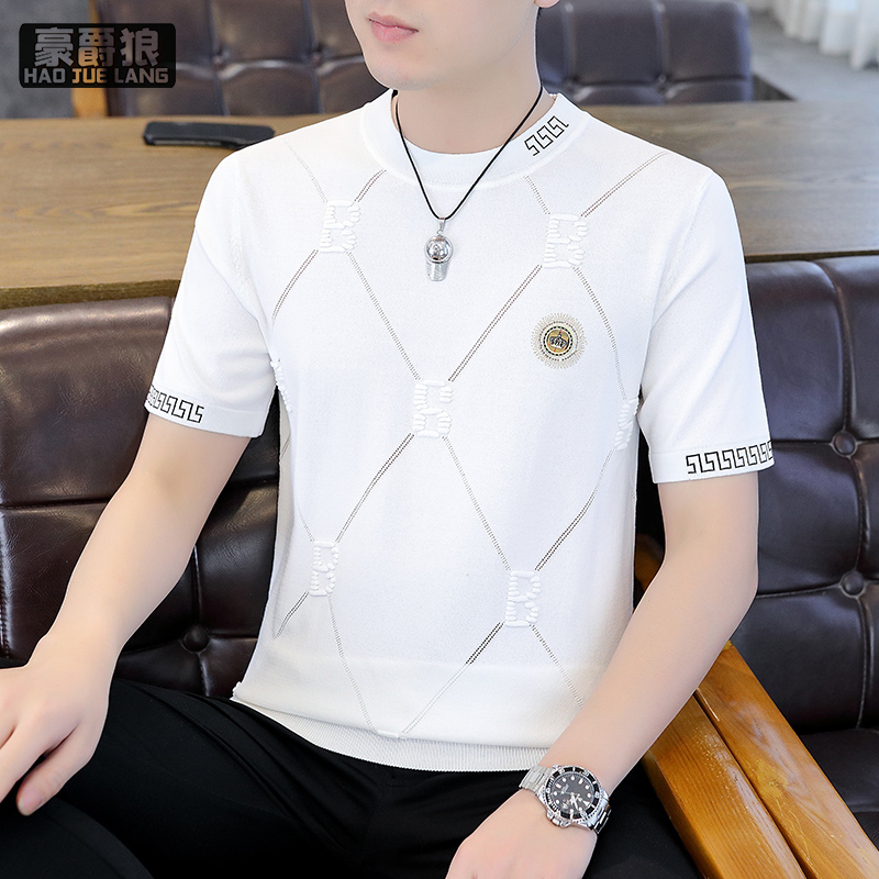 13352967.高端男士针织冰丝印花圆领短袖T恤薄款夏季新款潮流修身半袖上衣