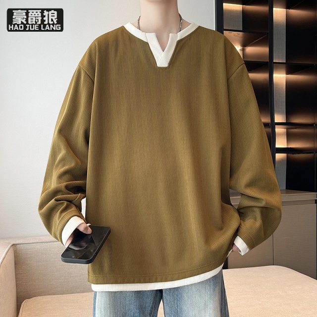 13352953.假两件长袖t恤男春秋季新款V领卫衣男宽松休闲打底衫青少年上衣服