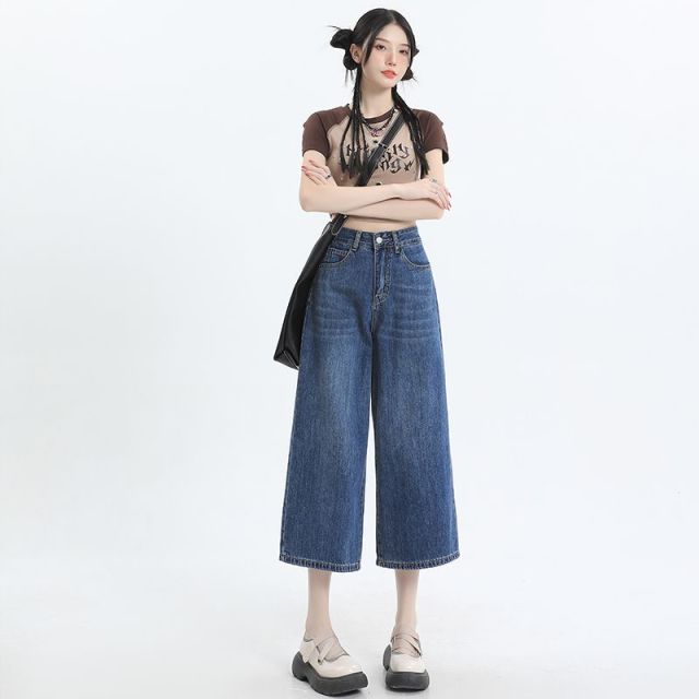 13351197.柒蒙 慵懒风小个子窄版直筒牛仔裤女新款高腰奶奶裤