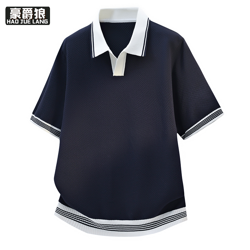 13352904.轻奢撞色翻领POLO衫男短袖修身商务休闲条纹T恤夏季时尚都市透气