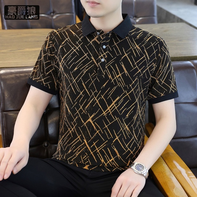 13352964.轻奢老钱风Polo衫男夏新款黑底金纹商务短袖高端翻领修身t恤