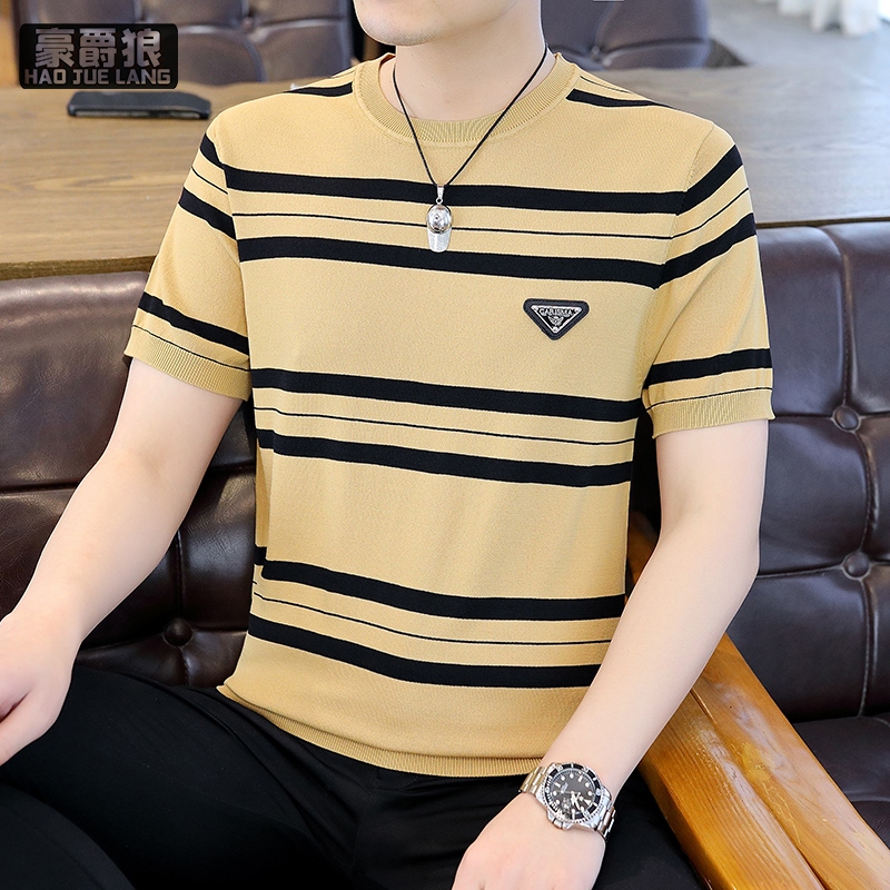 13352940.高品质针织短袖T恤男装夏季新款高端半袖圆领冰丝条纹体恤衫潮流