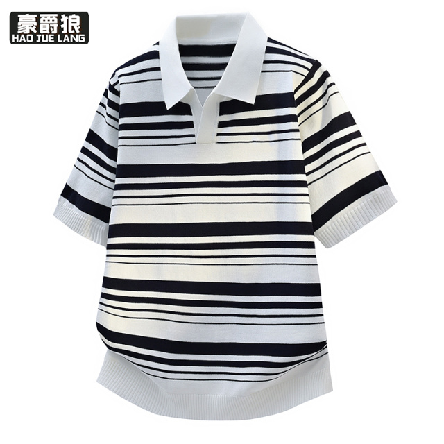 13352912.夏季男士条翻领针织短袖T恤时尚质感线衣半袖polo衫潮牌内搭打底