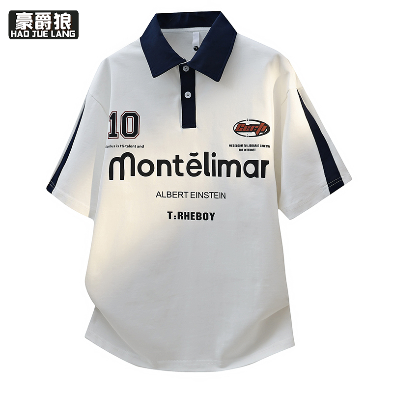 13352958.青少年短袖POLO衫男翻领字母印花宽松潮牌休闲T恤夏季新款体恤衫
