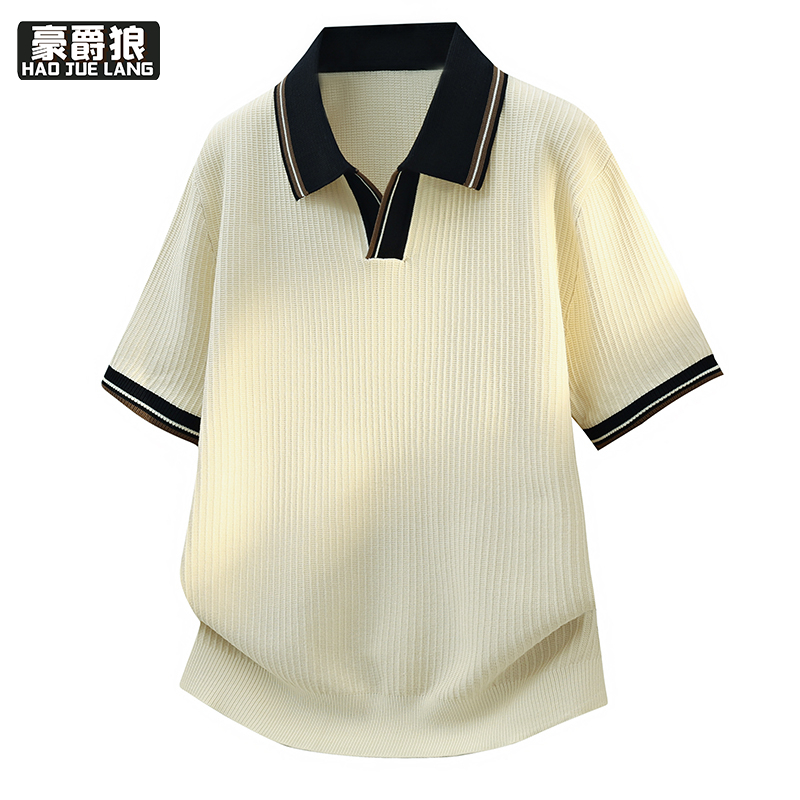 13352934.高品质潮牌翻领POLO衫男士冰丝针织短袖T恤薄款潮流时尚透气上衣