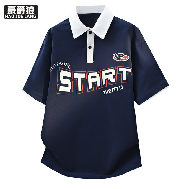 13352952.男生翻领POLO衫美式高端青少年男士重磅t恤夏季衬衫领短袖上衣服