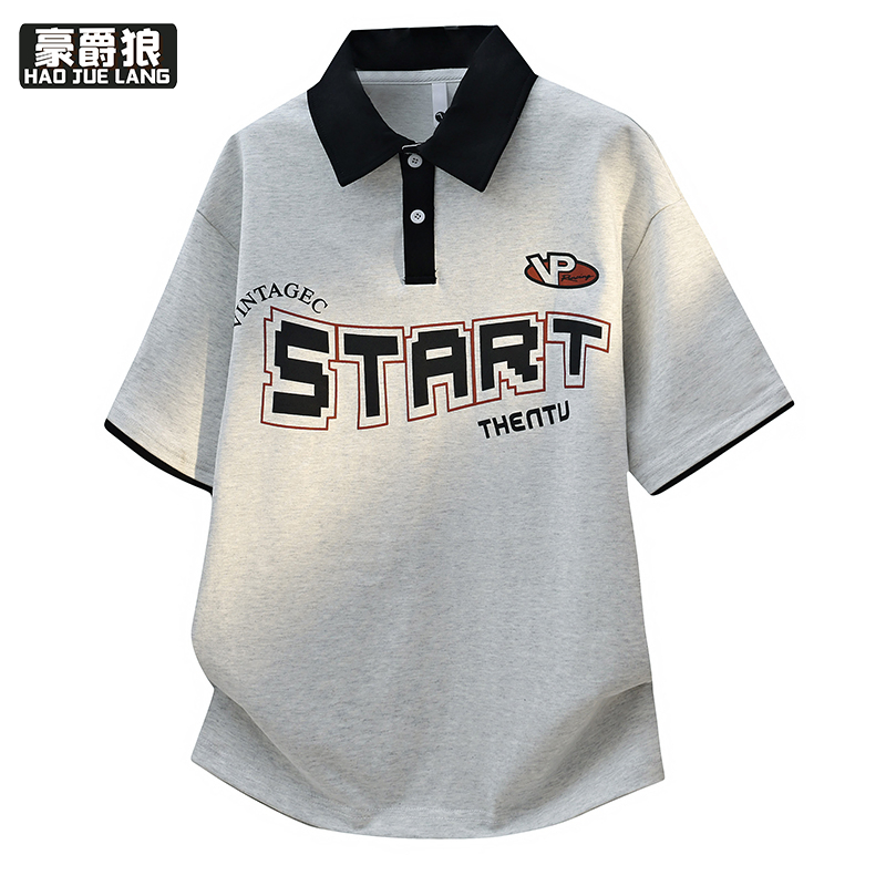 13352952.男生翻领POLO衫美式高端青少年男士重磅t恤夏季衬衫领短袖上衣服