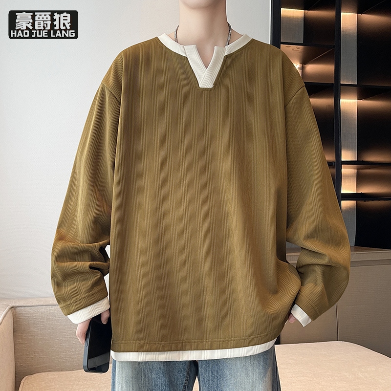13352953.假两件长袖t恤男春秋季新款V领卫衣男宽松休闲打底衫青少年上衣服