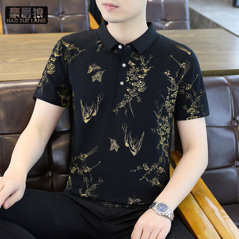 13352917.翻领短袖t恤男士潮流印花衬衫领polo衫夏季舒适新款百搭半袖带领