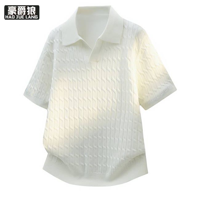 13352931.舒适夏季新款潮牌极简风白色翻领针织POLO衫男短袖休闲薄款体恤潮