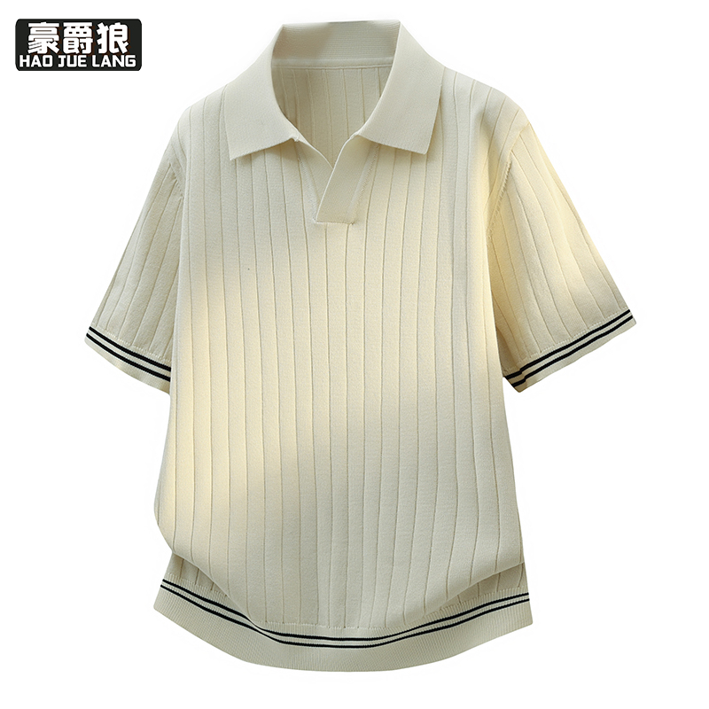 13352933.极简风夏季竖坑条肌理针织POLO衫短袖撞色双条纹设计海鸥领T恤装