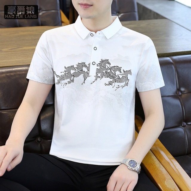 13352905.轻奢国风八骏图印花polo衫男短袖夏季高端修身翻领t恤潮牌上衣服