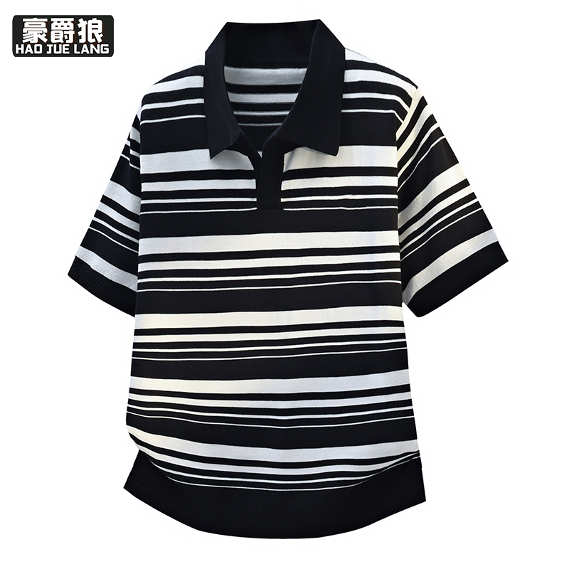 13352912.夏季男士条翻领针织短袖T恤时尚质感线衣半袖polo衫潮牌内搭打底