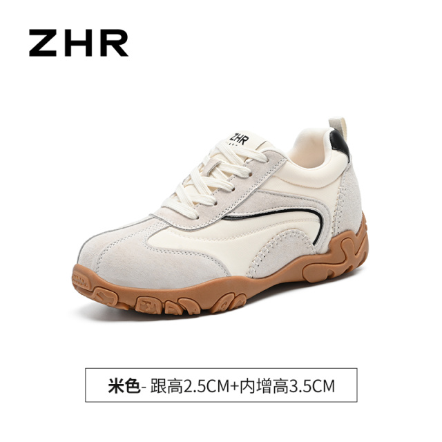 13355120.【ZHR则则】内增高阿甘鞋圆头系带厚底女鞋[头层猪皮+斜纹布+PU]