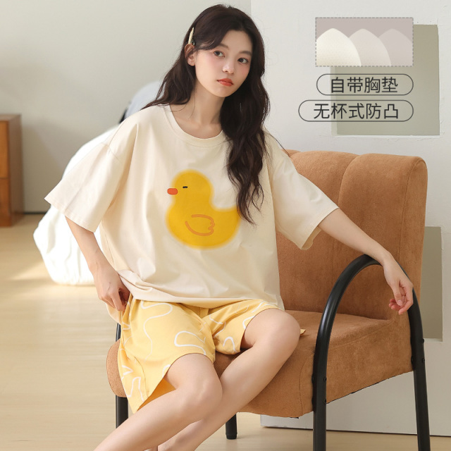13358283.少宜睡衣套装家居服女款夏季带胸垫纯棉女士女孩短裤初中生少女风可爱短袖大童少女初中女生新款可外穿可外出薄款大码居家春秋