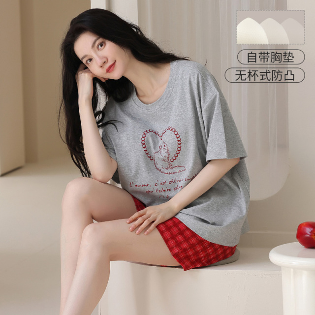 13358281.少宜睡衣套装家居服女款夏季带胸垫纯棉女士女孩短裤初中生少女风可爱短袖大童少女初中女生新款可外穿可外出薄款大码居家春秋长袖