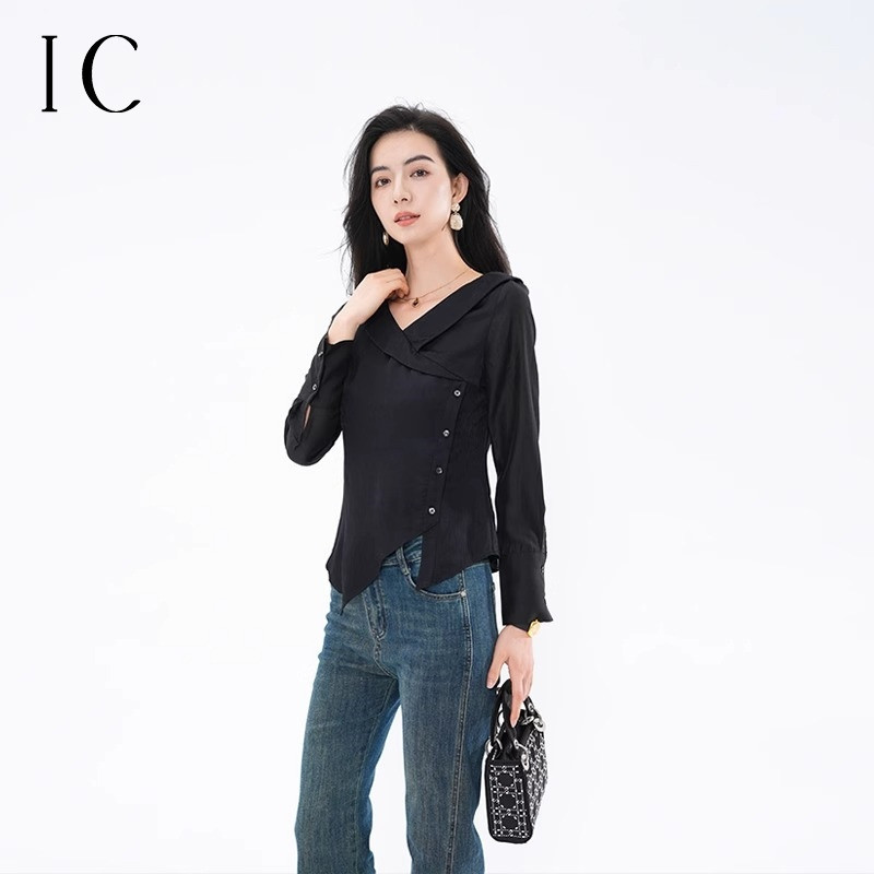 13357150.不对称斜交领小衫设计感长袖薄款通勤休闲女式新款夏季衬衫上衣