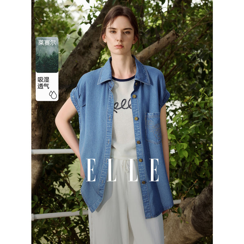 13357960.ELLE打褶飞袖牛仔上衣女摩登休闲风女式衬衫外套