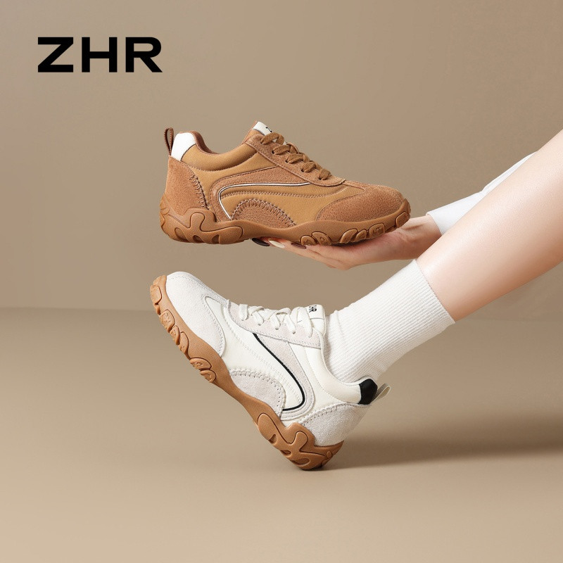 13355120.【ZHR则则】内增高阿甘鞋圆头系带厚底女鞋[头层猪皮+斜纹布+PU]