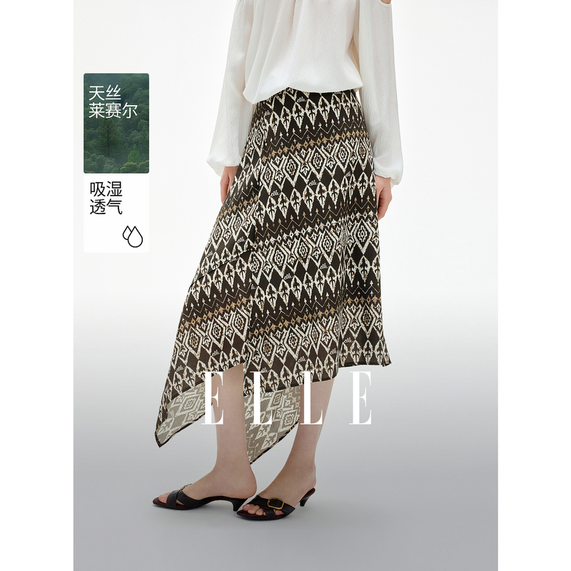 13357710.ELLE高腰A字半截裙优雅气质不规则几何印花裙女