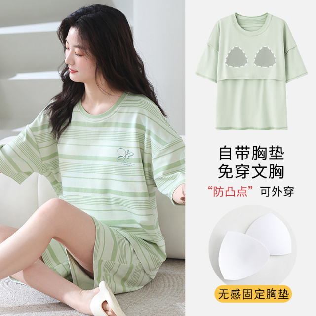 13358271.少宜睡衣套装家居服女款夏季新款带胸垫纯棉女士短袖一体女生女孩可外穿可外出薄款大码居家春秋亲肤休闲加大